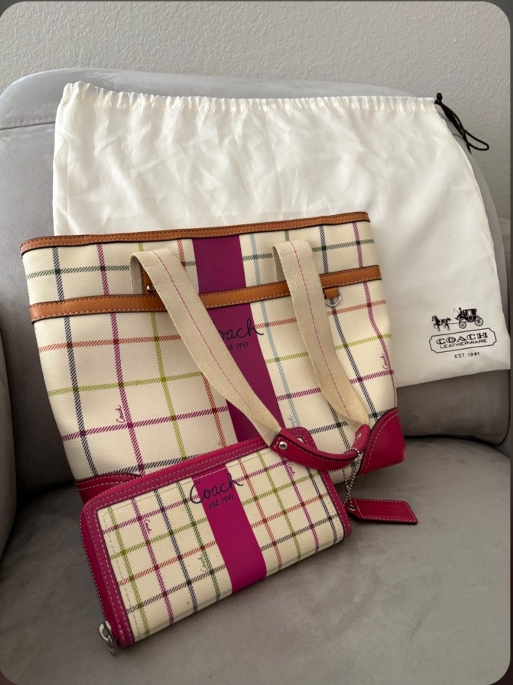 Coach Cream Plaid Canvas Tote and Wallet with Magenta Trim